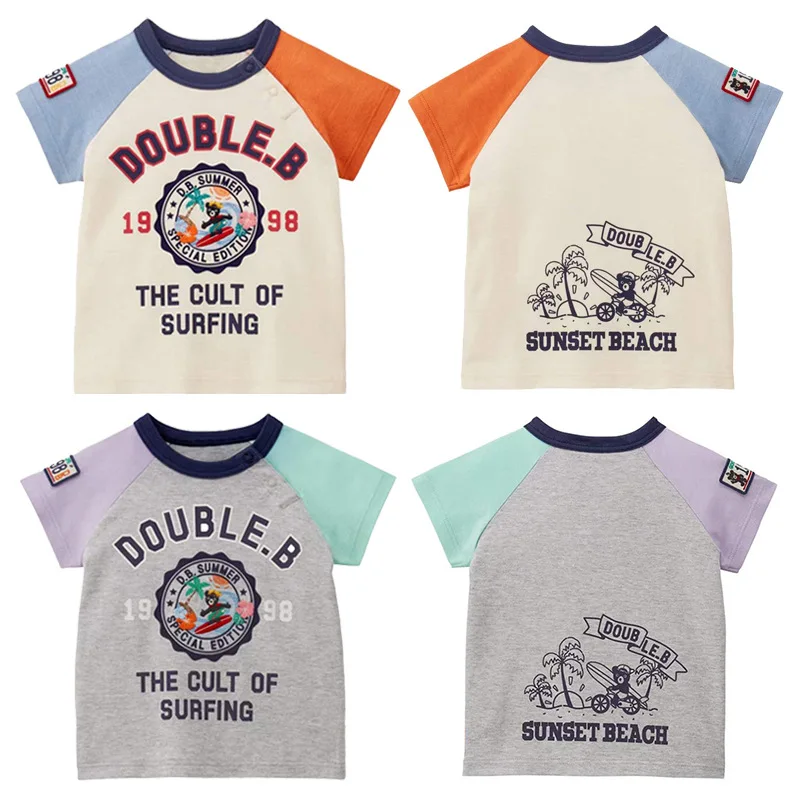 

2023 Summer Boys T-shirts Cartoon Black Bear Surfing Badge Short Sleeve T-shirt Boys Clothes Tees Camisetas Poleras Camisetas