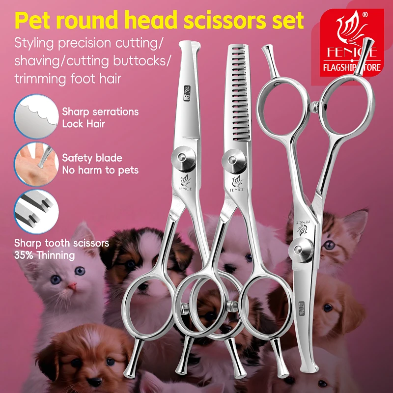 Fenice 4.75 Inch Safety Round Tip Pet Dog Cat Grooming Scissors Straight/Curved/Thinning Shears for Eyes/Face/Foot/Nose