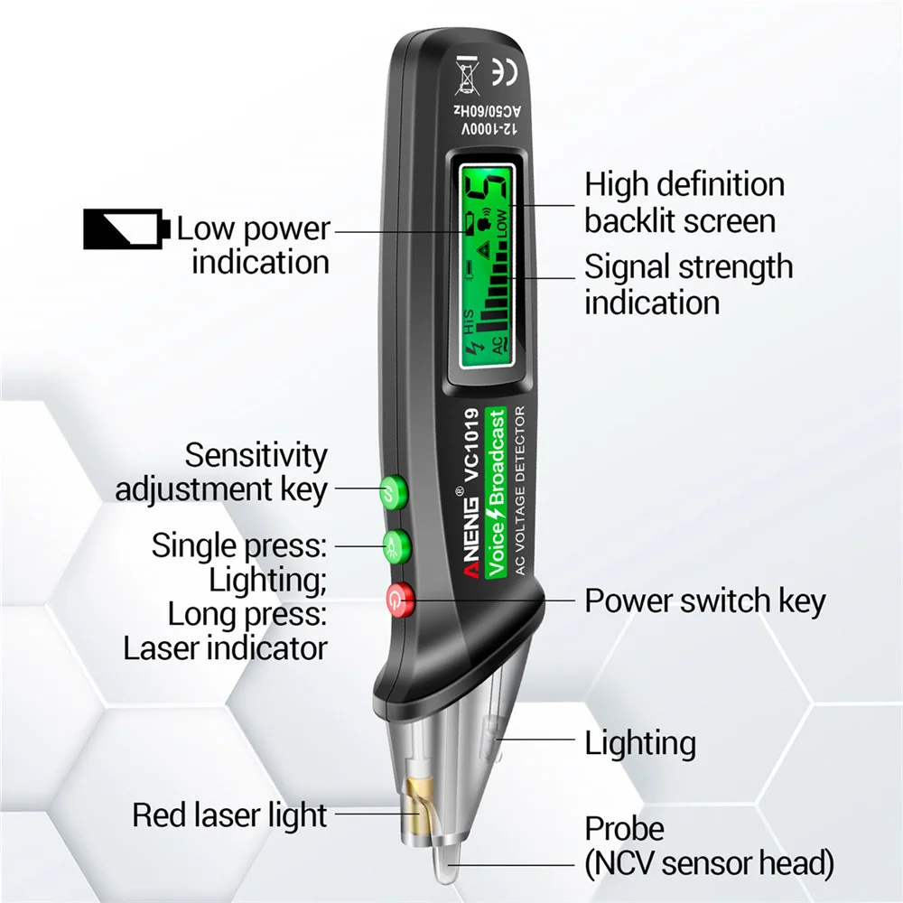 ANENG VC1019 Voltage Detector Non-Contact Voice Broadcast Tester Pen 12V-1000V Electrical Pen AC Voltage Tester Breakpoint Finde 3