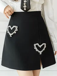 SMTHMA Women's A-Line Skirt New Fashion Solid Korean Version High Waist Sexy Slim High End Luxury Love Diamonds Skirts