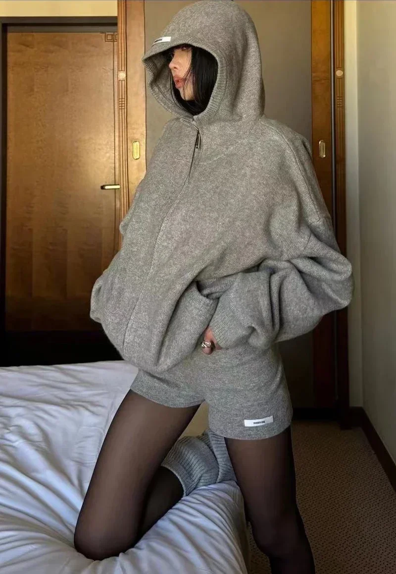 Y2k American Casual Sports Suit Lazy Hooded Cardigan Solid Color Loose Sweater Jacket Tight Shorts Gray Two Piece Set for Women 2