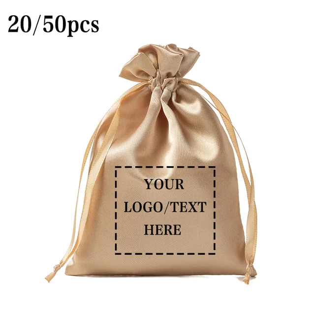20/50pcs Customized Logo Satin Drawstring Bag Personalized Wedding Party Gift Bags Christmas Candy Packaging Bags 1