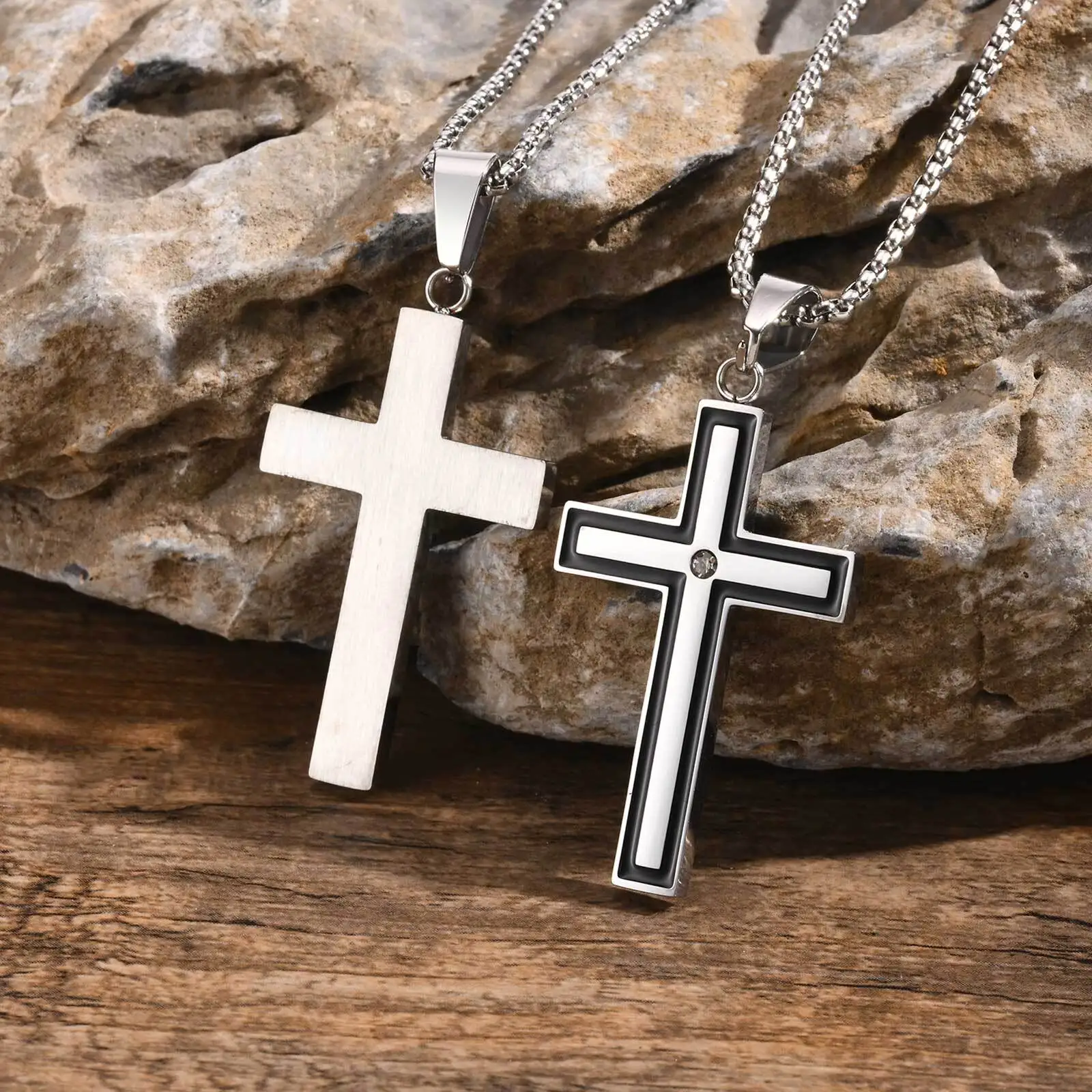 Unisex Stainless Steel Cross Pendants Necklaces Zircon Center Inlayed Christ Cross Collar For Men Women Faith Jewelry