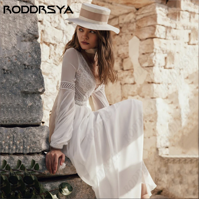 RODDRSYA Boho Elegant Long Sleeve Wedding Dress For Women Beach V-Neck A-Line Bridal Party Romantic Chiffon Backless Brautkleid 3
