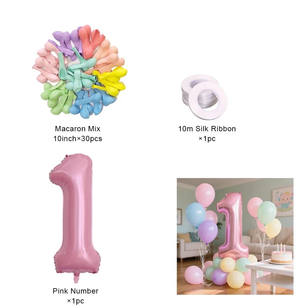 40-Zoll-Set mit rosa Zahlenfolienballons, alles Gute zum Geburtstag, Partydekoration, Kinder, Mädchen, 1–9 Jahre alt, farbiger Macaron-Ballon – Detail 1