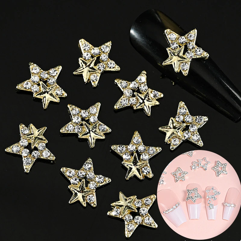 

10pcs Gold Silver Star Glitter Crystal Rhinestones Nail Charms 3D Alloy Hollow Star Gem Nail Art Decoration Manicure Accessories