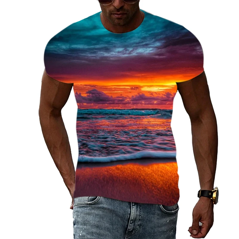 

Футболка мужская с принтом Морского Пейзажа, модная Повседневная рубашка с коротким рукавом, подчеркивающая индивидуальность 3D, летний топ
