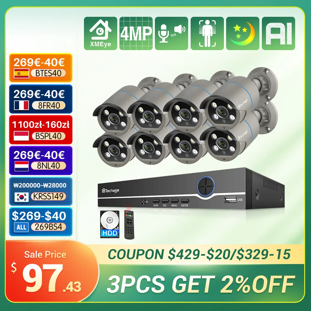 Techage 8CH 4MP POE Security Camera System POE NVR Kit P2P CCTV Video Surveillance Outdoor Audio Record IP Camera security camera