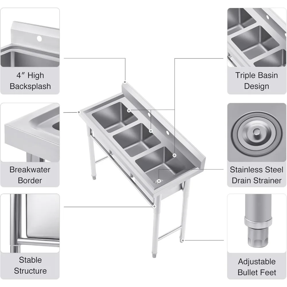 3-Stainless Steel Sink, Free Standing Restaurant Sink Station with Strainer, Kitchen Prep & Utility Sink for Home Garage Bar 5