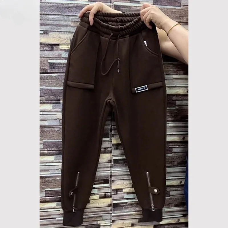 2023 Autumn Winter New High-waisted Corset Foot Sweatpants Women Plus Fleece Thicken Large Size Loose Haren Sports Casual Pants