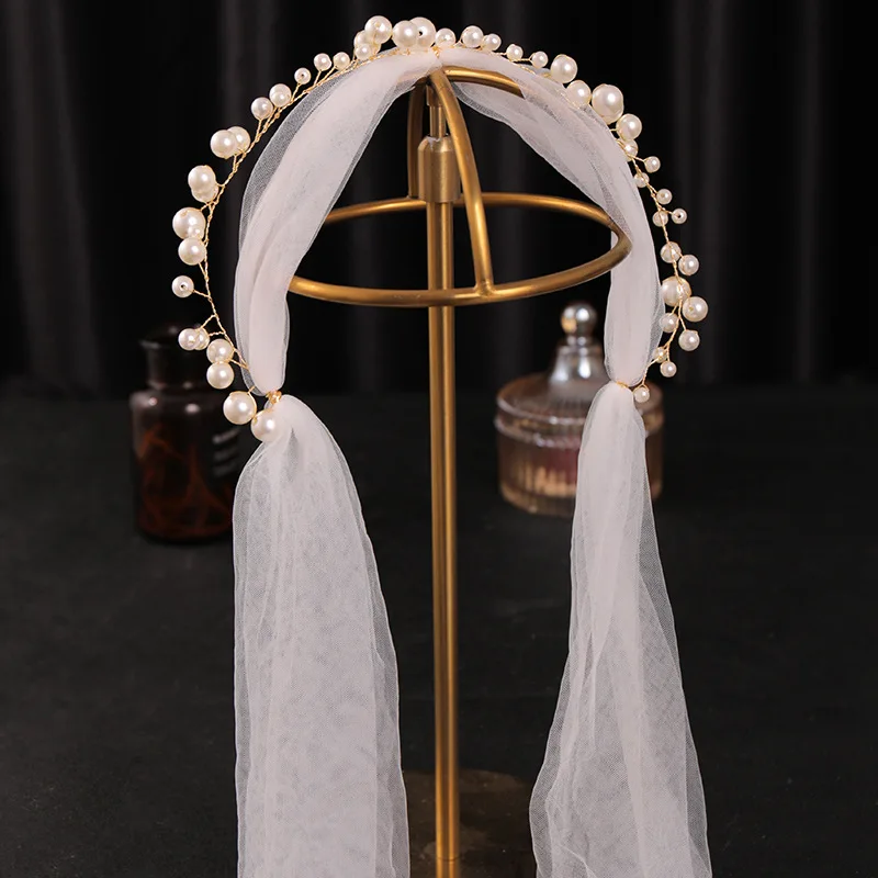 

Жемчужный свадебный головной убор с фатлой свадебный головной убор для невесты ручной работы цветочный аксессуар для волос для женщин