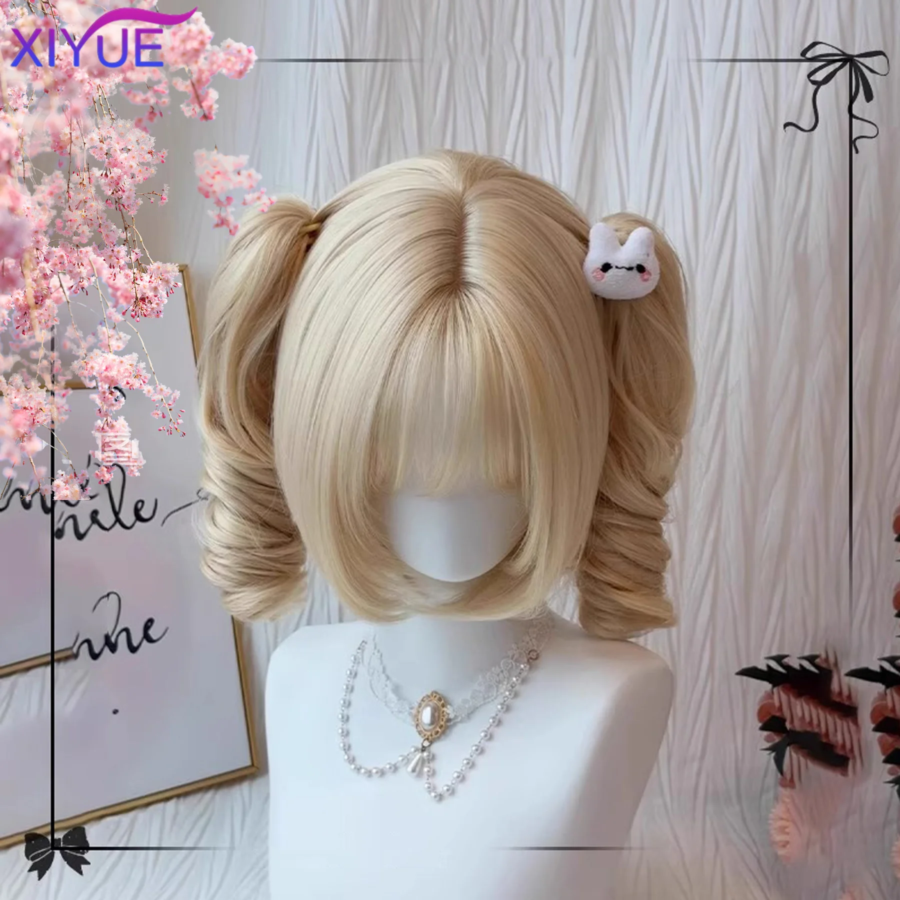 Long Curly Twin Ponytails Synthetic Wig Bangs Cosplay Lolita Party Chic Girls Princess Blonde Short Heat Resistant Hair byWTB HA