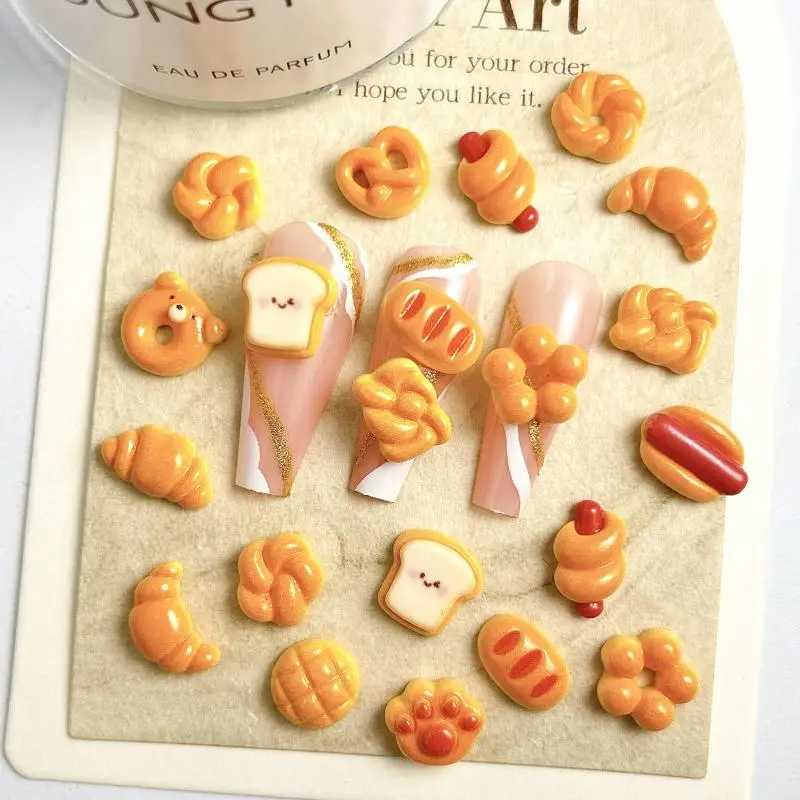 30PCS Cute Creative Sausage Bread Nail Art Decorations Simulated Smiley Toast Cat Paw Bread Dessert Series Nail Charms DIY Nails 4
