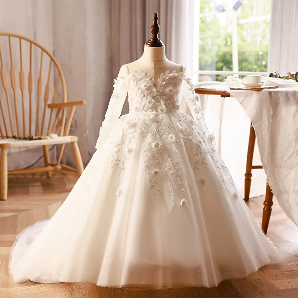 Jill Wish J088 Luxury Dubai White Flower Girl Dresses Pearls Beads Flowers  Princess Gown for Kids Birthday Wedding Party Pageant - AliExpress 320