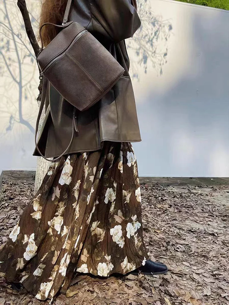 Autumn Maternity Long Floral Skirt High Waist Fashion Printing Pregnant Woman Chiffon A-line Belly Skirt Pregnancy Pleated