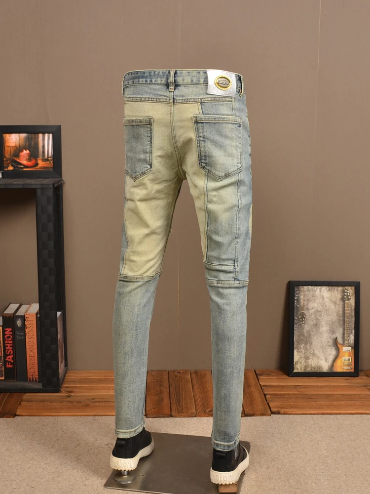 Vintage Ripped Patch Jeans Men Autumn Light Blue Slim Fit Straight Pants Streetwear Casual Retro Patchwork Denim Trousers