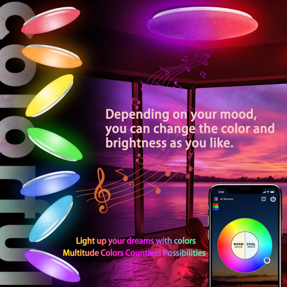 スマートLEDシーリングライト,Bluetoothスピーカー,RGB音声制御,寝室
