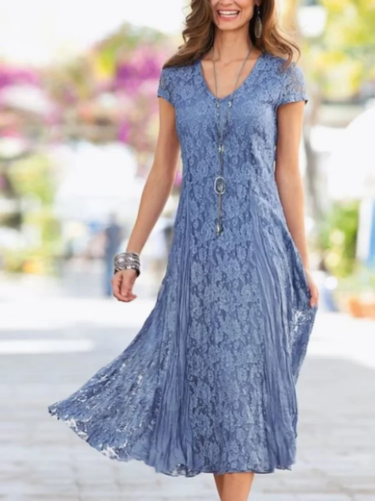 

Sheath Mother of the Bride Dress V Neck Tea Length Lace Short Sleeve with Pleats Solid Color Formal Evening Gown