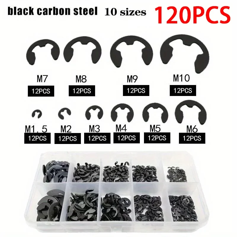 120-teiliges Sicherungsring-Set aus schwarzem Edelstahl mit Sicherungsring und E-Clip-Unterlegscheibe, Sortiment für Wellenbefestigung M1,5–m10, Utility-Tools