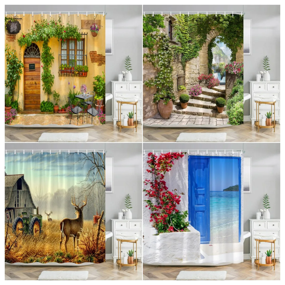 

Garden Landscape Shower Curtains Spring Flowers Forest Deer Seaside Town Oil Painting Lavender Rural Scenery Decor Bath Curtain