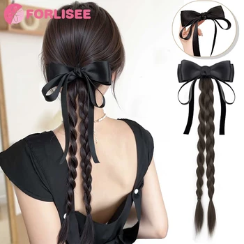 FORLISEE Synthetic 18 Inch Bow Claw Clip High Ponytail with Double Twist Long Braid Hair Accessories New Chinese Ponytail Wig