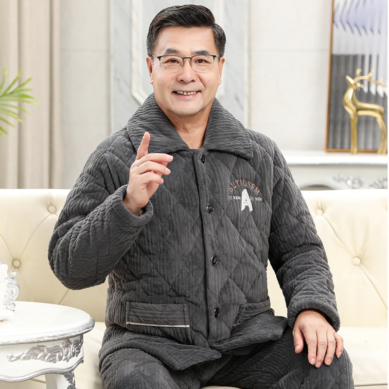 Pajamas Men's Thickened Warm Autumn Winter Three-Layer Quilted Middle-Aged Elderly Home Wear Lapel Geometric Pattern Embroidery