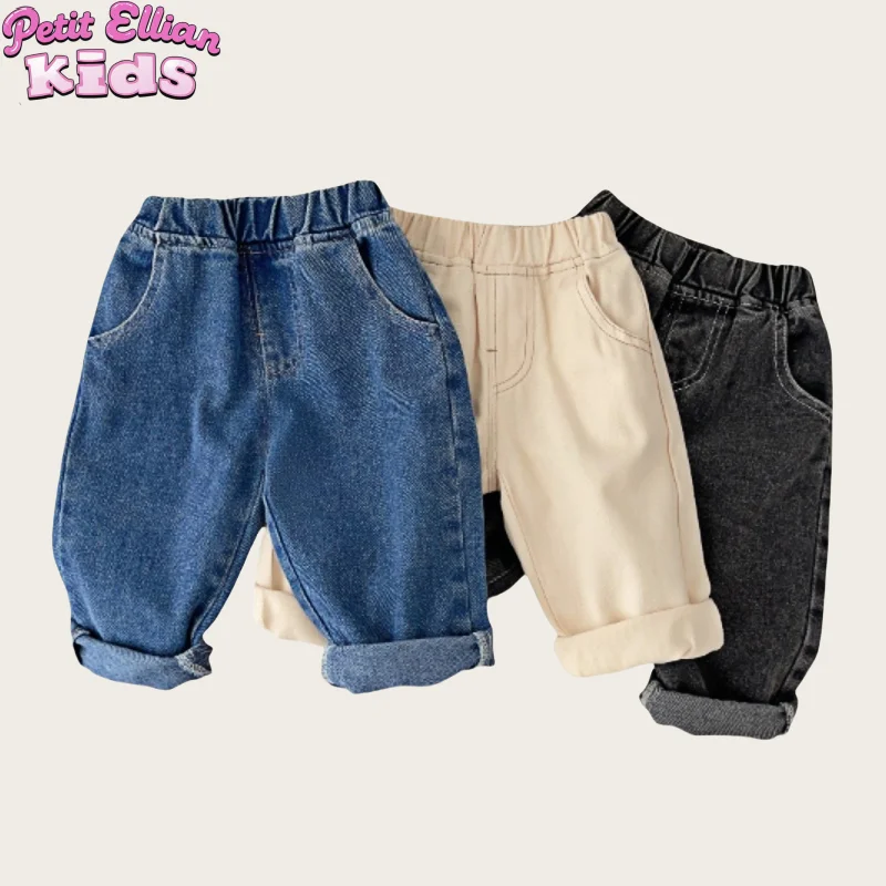 2025 New Korean Style Adorable Cotton Solid – Color Jeans for 0 – 5 Y Kids – Comfortable and Trendy Casual Wear Pants