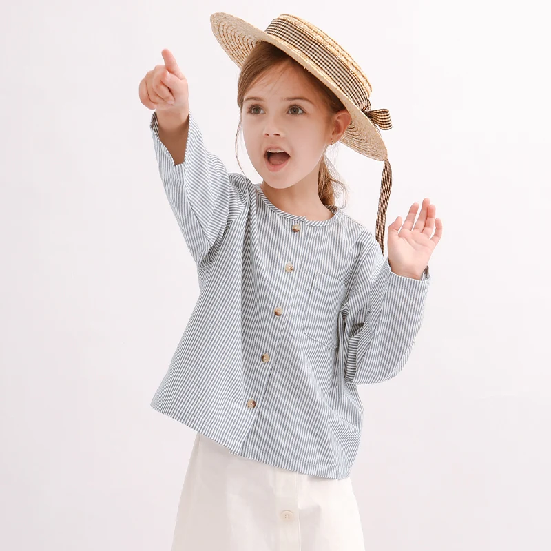 

Рубашка в синюю полоску для девочек, 100% хлопок, новинка весны 2024, блузка с круглым вырезом и длинными рукавами, рубашки в студенческом стиле унисекс для малышей и детей на пуговицах