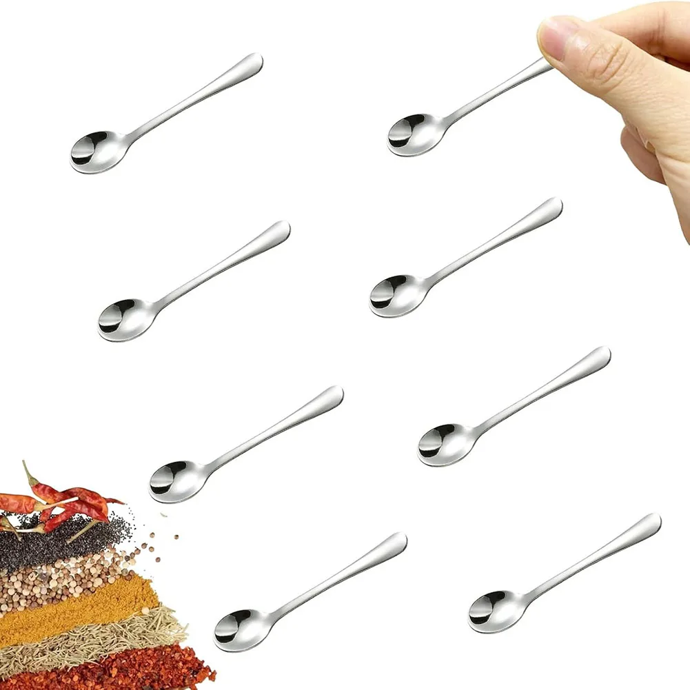 8pcs Stainless Steel Seasoning Spoon Small Round Spoon Mixing Polished Home Kitchen Tableware 7.5x1.6cm ﻿