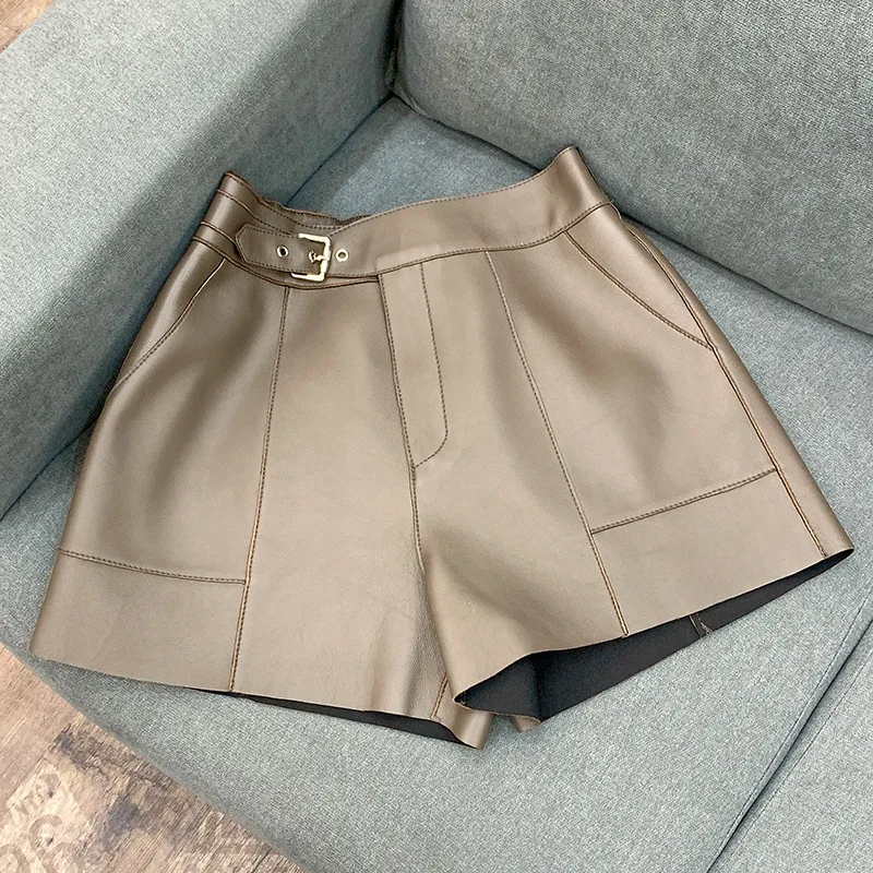 Autumn New Designer Women's High Quality Genuine Leather High-rise Wide-leg Shorts A891