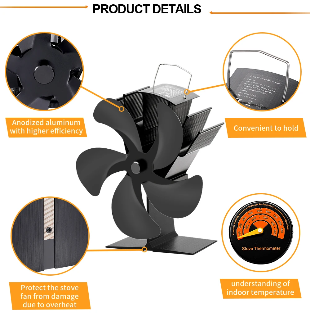5 Blades Fireplace Fan No Electricity Required Heat Powered Stove Fan Log Wood Burner Eco Efficient Heat Distribution Burner