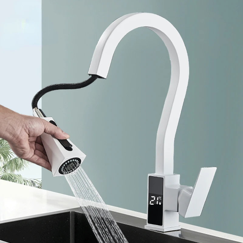 White Pull Out Digital Temperature Display Kitchen Faucet Flexible Dual Water Mode Sprayer Mixer Tap Black Brass Kitchen Crane