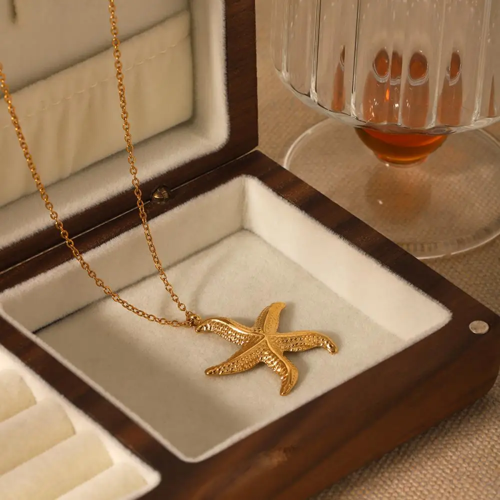 Huangchao Halskette mit Seestern-Anhänger für Damen, Ozean-Stil, Edelstahl, 18 Karat vergoldet, Modeschmuck, Accessoires, Geschenk