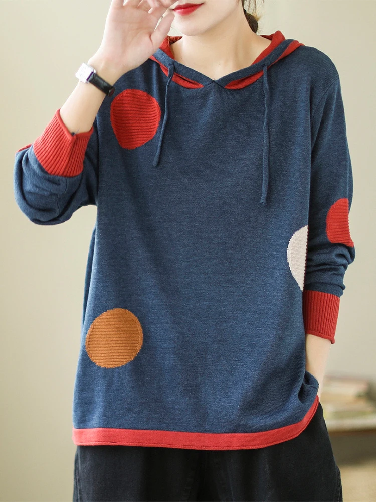 Amax luluE 2024 Winter Women Loose Patchwork Sweaters European Style Ladies Casual Hooded Design Jumpers Vintage Street Pullover