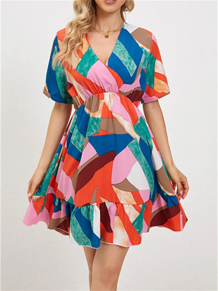 

2023 New Summer flounce High Waist Dress Women Y2k Women Clothing Retro Print Casual Clothes Streetwear Vestido De Festa Bastet