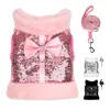 Winter Dog Harness Leash Set Warm Puppy Cat Harnesses With Fur Collar Bling Sequines Pet Vests For Dogs Cats Bowknot Accessories