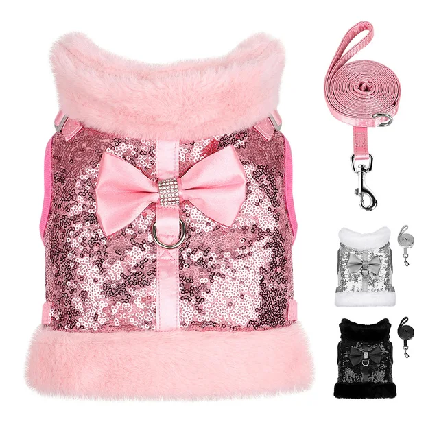 Winter Dog Harness Leash Set Warm Puppy Cat Harnesses With Fur Collar Bling Sequines Pet Vests For Dogs Cats Bowknot Accessories