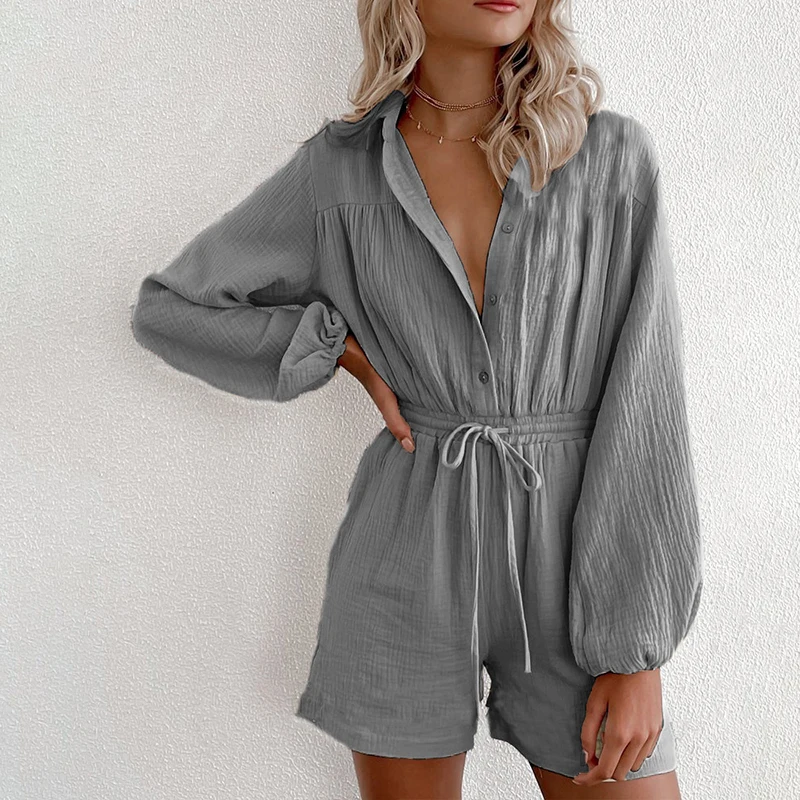 Women Loose Jumpsuit Long-Sleeved Summer Drawstring Pockets Waisted Single-Breasted Cardigan Ladies Sets New Fashion Female Suit