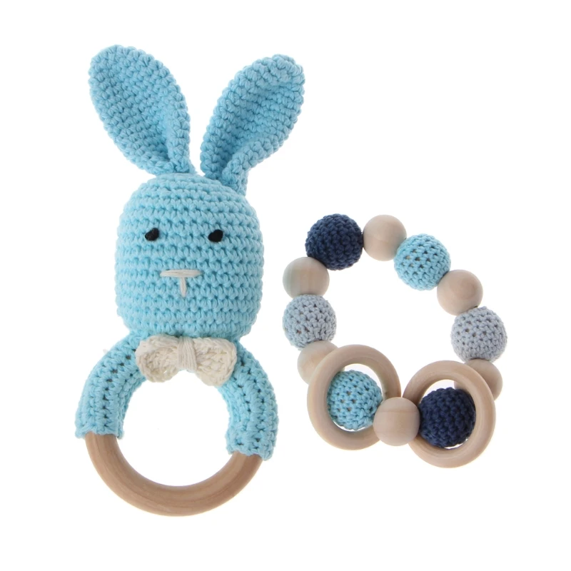 

97BE деревянное кольцо с кроликом, вязаное крючком, мультяшное животное, кролик, погремушка, игрушка, мобильная коляска, для