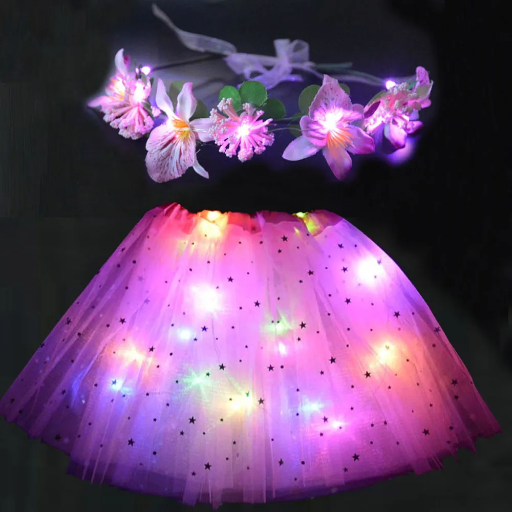 Girl Women Flower Fairy Light Star Tutu Led Skirt Glow Headband Wreath Party Gift Wedding Birthday Christmas Costume Navidad