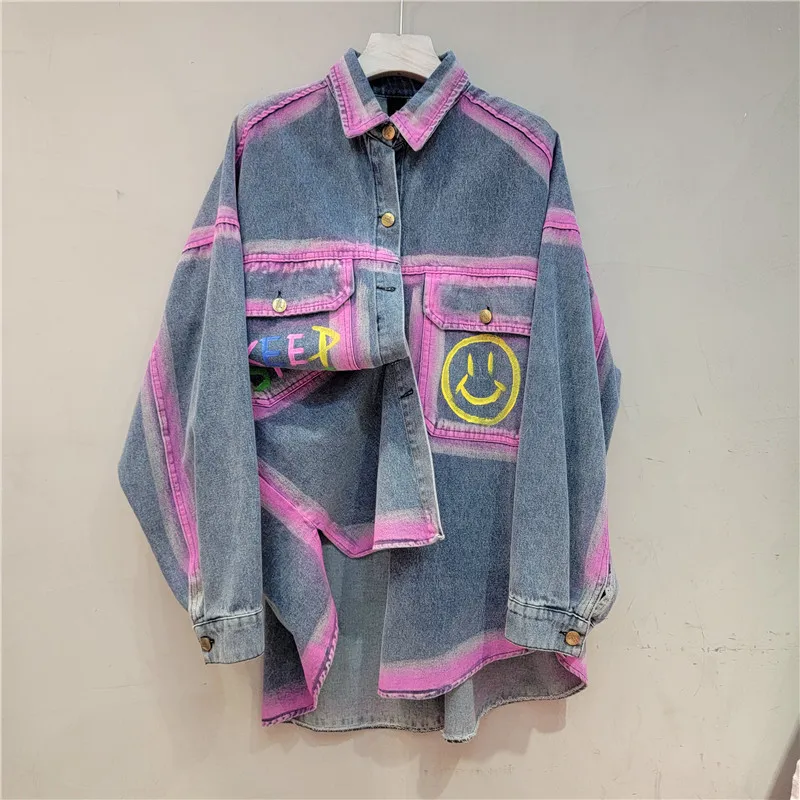 

Blue Print Denim Shirt Jacket Women Loose Casual Fashion Tops European Station 2023 Autumn New Streetwear All-Matching Blouse