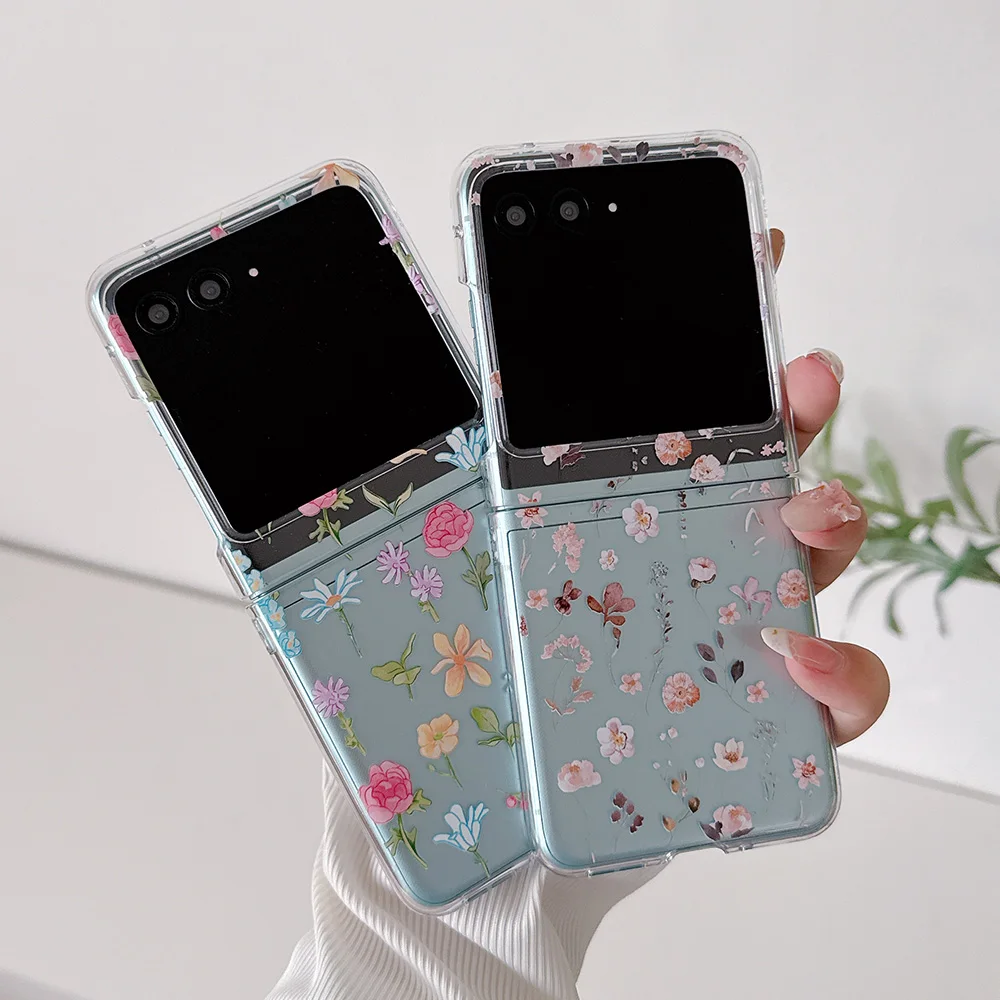 Flower Transparent Folding Case with Bracelet - Shockproof Hard PC Cover