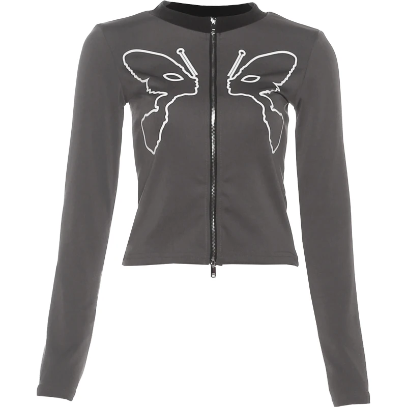 Nibber Sporty Butterfly Print Jacket Women Daily Classic Patchwork Full Sleeve Double Zip Fashion Elastic Street Casual Coat