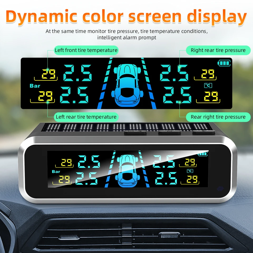 Sistema di monitoraggio della pressione dei pneumatici wireless E-ACE con display a colori dinamico, temperatura pneumatici, USB/Solare, 4 sensori TPMS - immagine 2