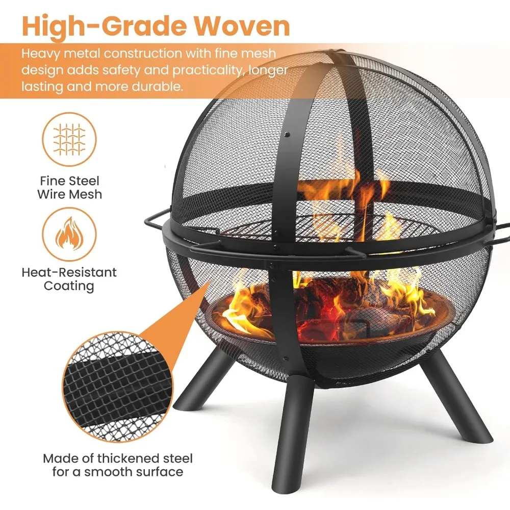 Ball of Fire Pit 35" Outdoor fire with BBQ Grill Globe Large Round Pit,Patio Fireplace for Camping, Heating, Bonfire and P