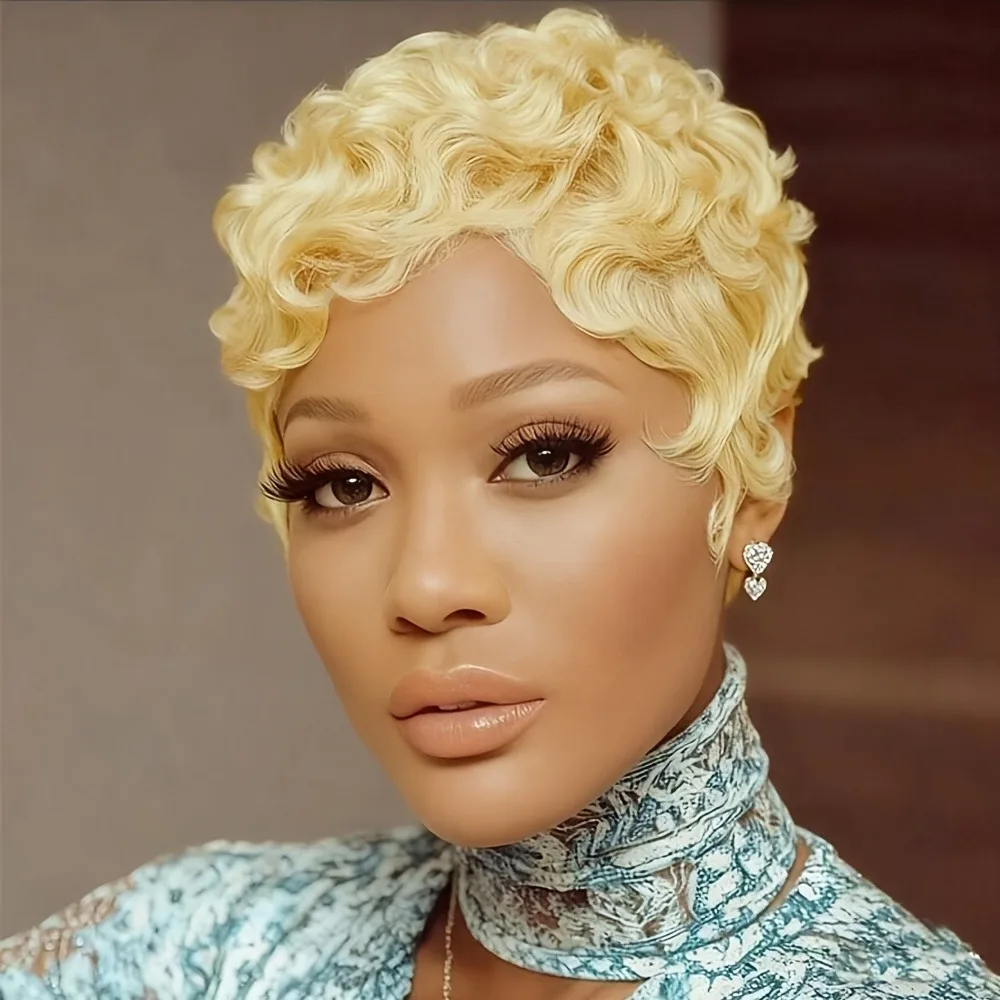 여성용 풀 머신 메이드 가발 인모 픽시컷 가발 - 150% 밀도 짧은 레이어드 컬리 웨이브 앞머리 포함, 613    색상