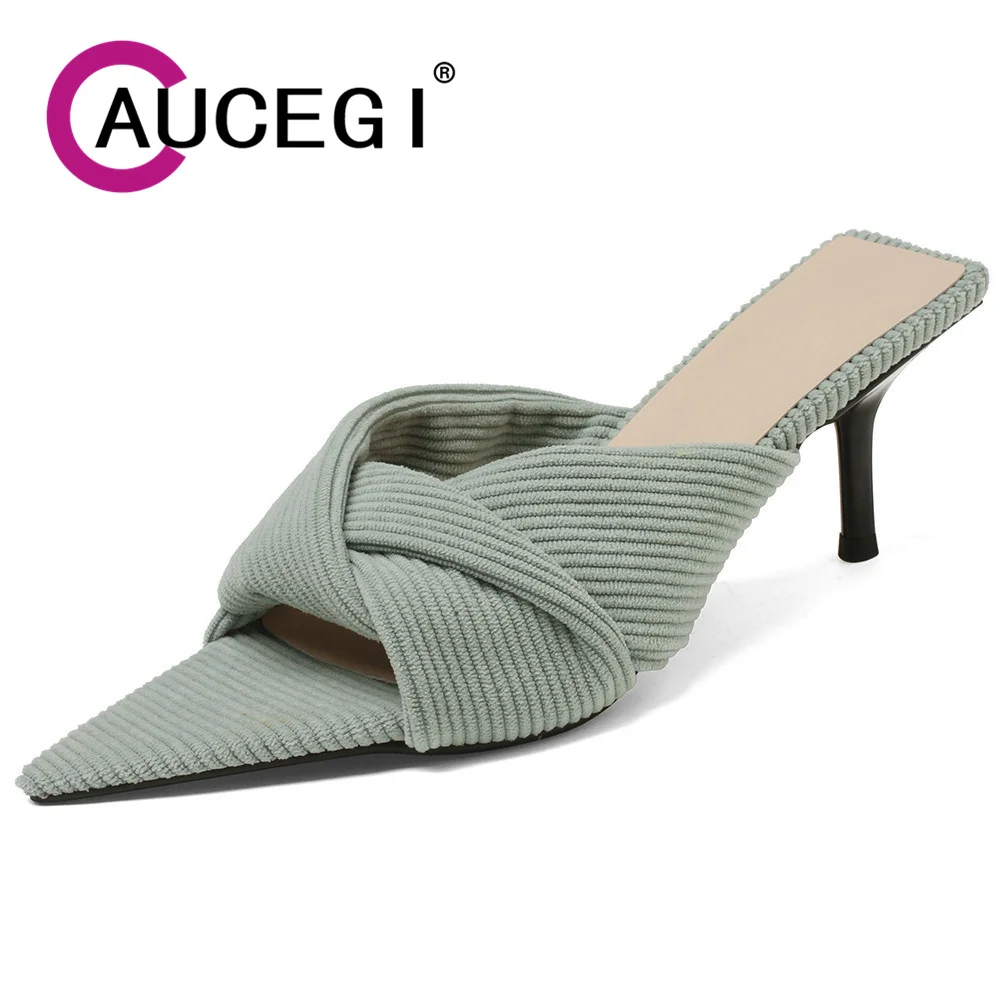 

Aucegi Sexy Thin High Heels Sandal Slipper Women Summer Fashion Fold Pointed Toe Slides Stripper Synthetic Fabric Dress Shoes