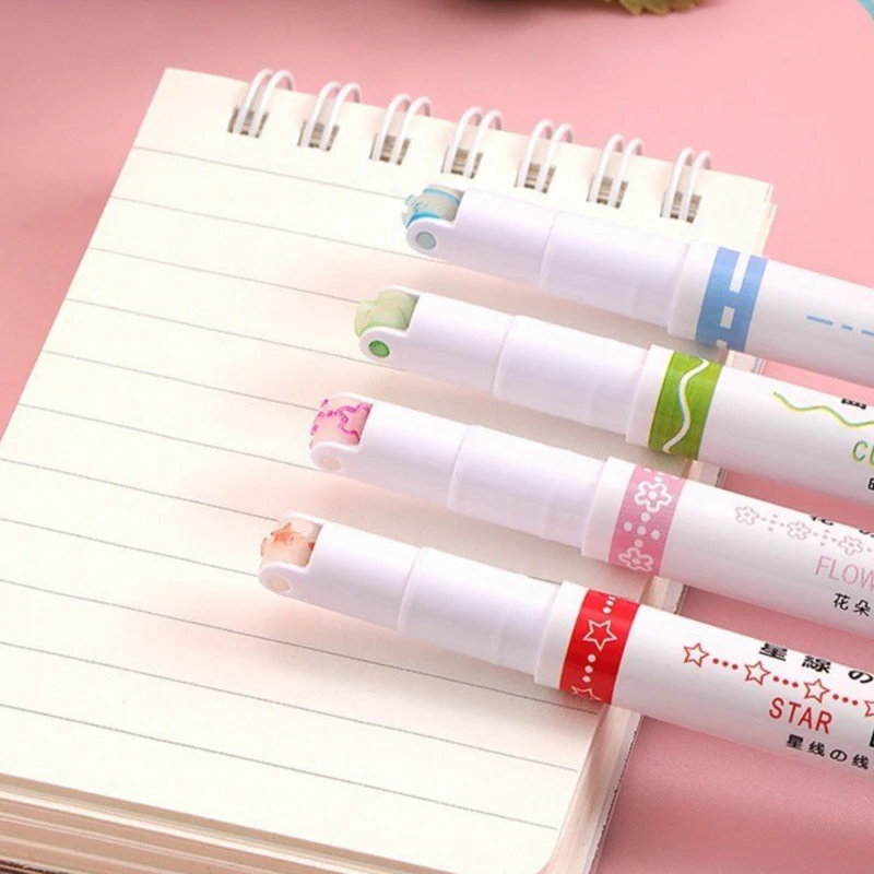 Highlighter Pen Kawaii Flowers Line Shaped Roller Tip Curve Liner Marker Writing Journaling Drawing Stationery 6Pcs/set