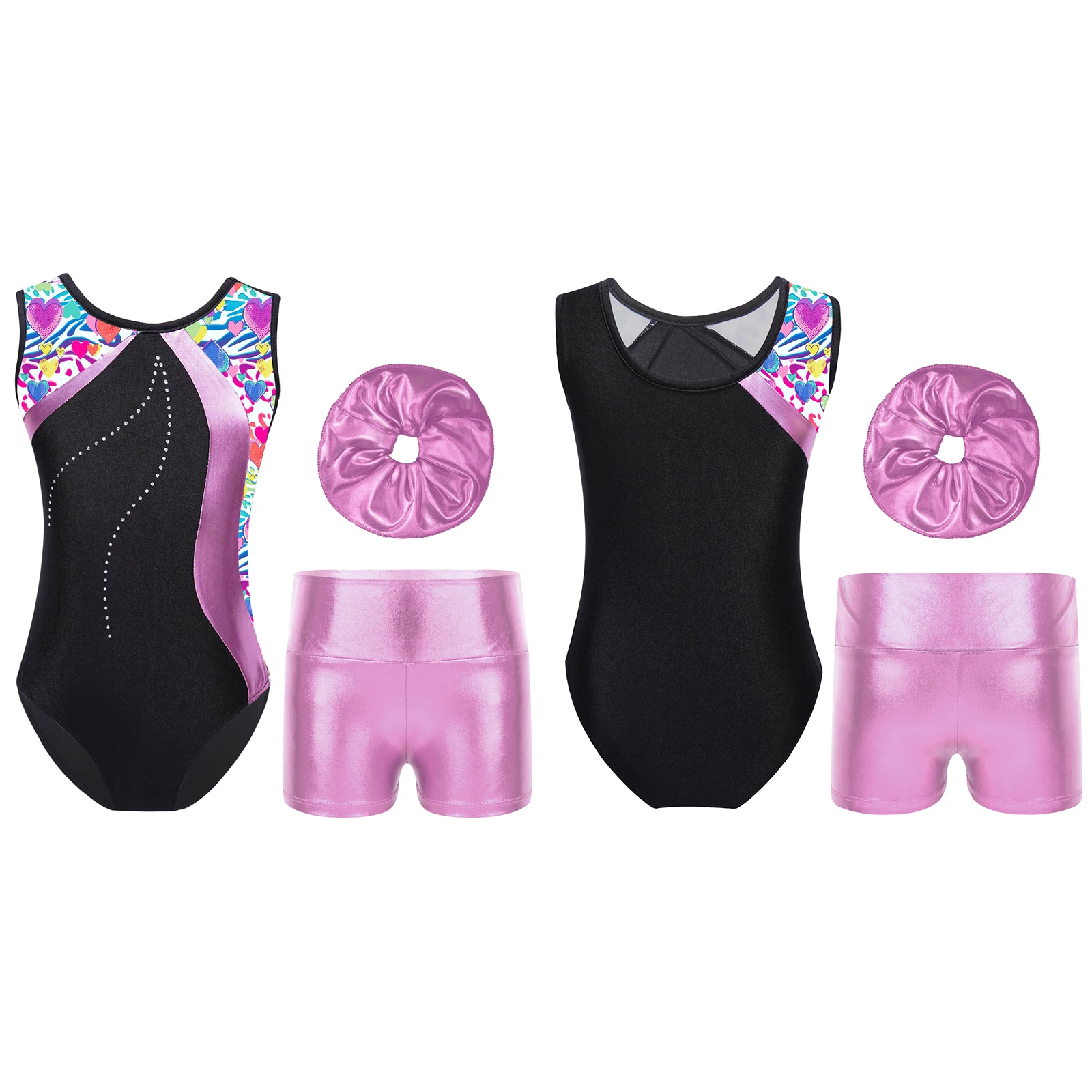 TiaoBug Kids Girls 4 to 14 Years Gymnastics Figure Skating Dress Costume Sleeveless Printed Leotard High Waist Shorts Hair Band
