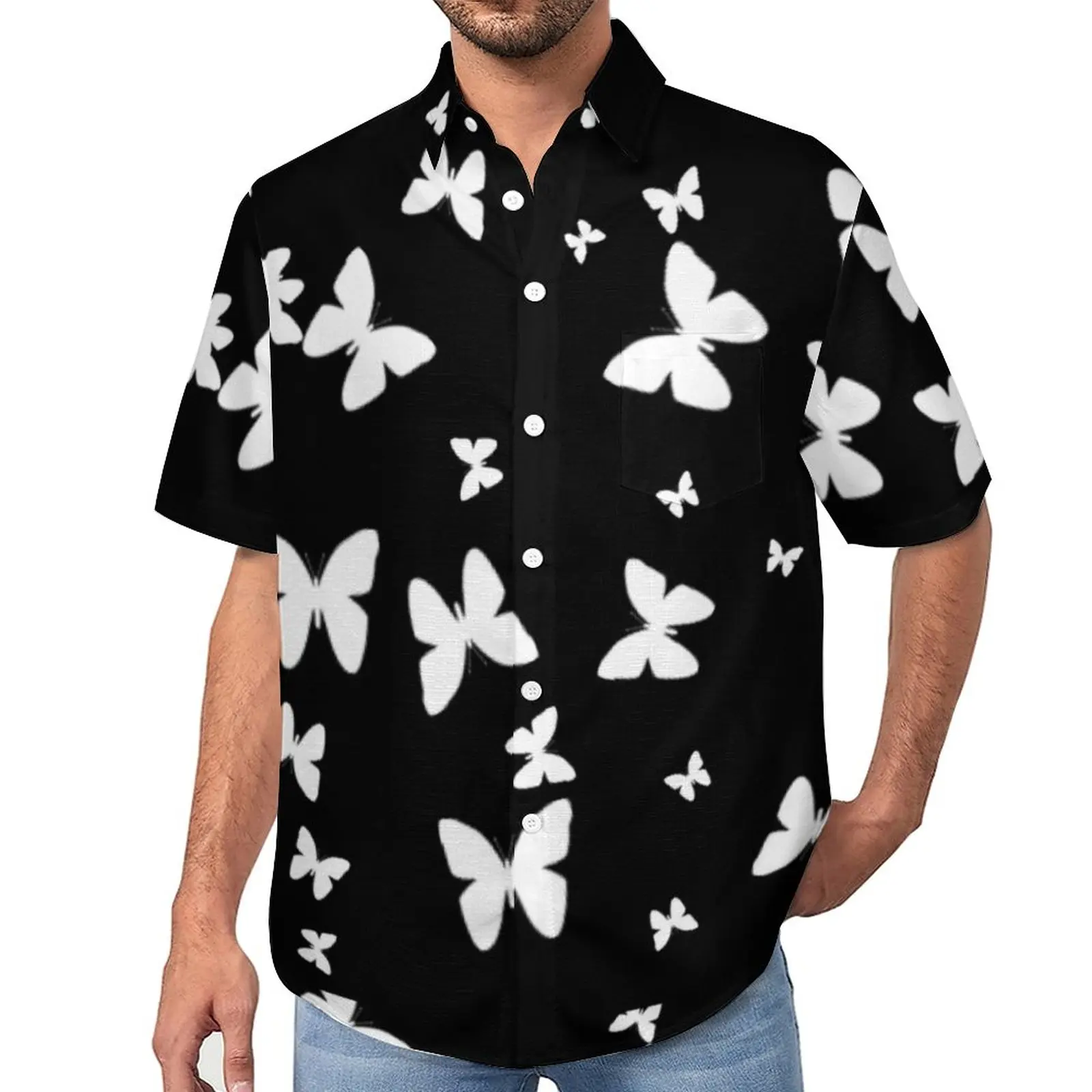

White Butterfly Beach Shirt Cute Animal Hawaiian Casual Shirts Men Y2K Blouses Short Sleeve Custom Clothing Plus Size 4XL
